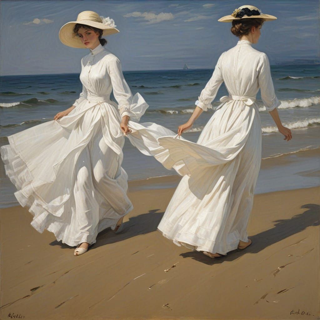 Elegant Women Stroll Along Seaside Impressionist Painting
