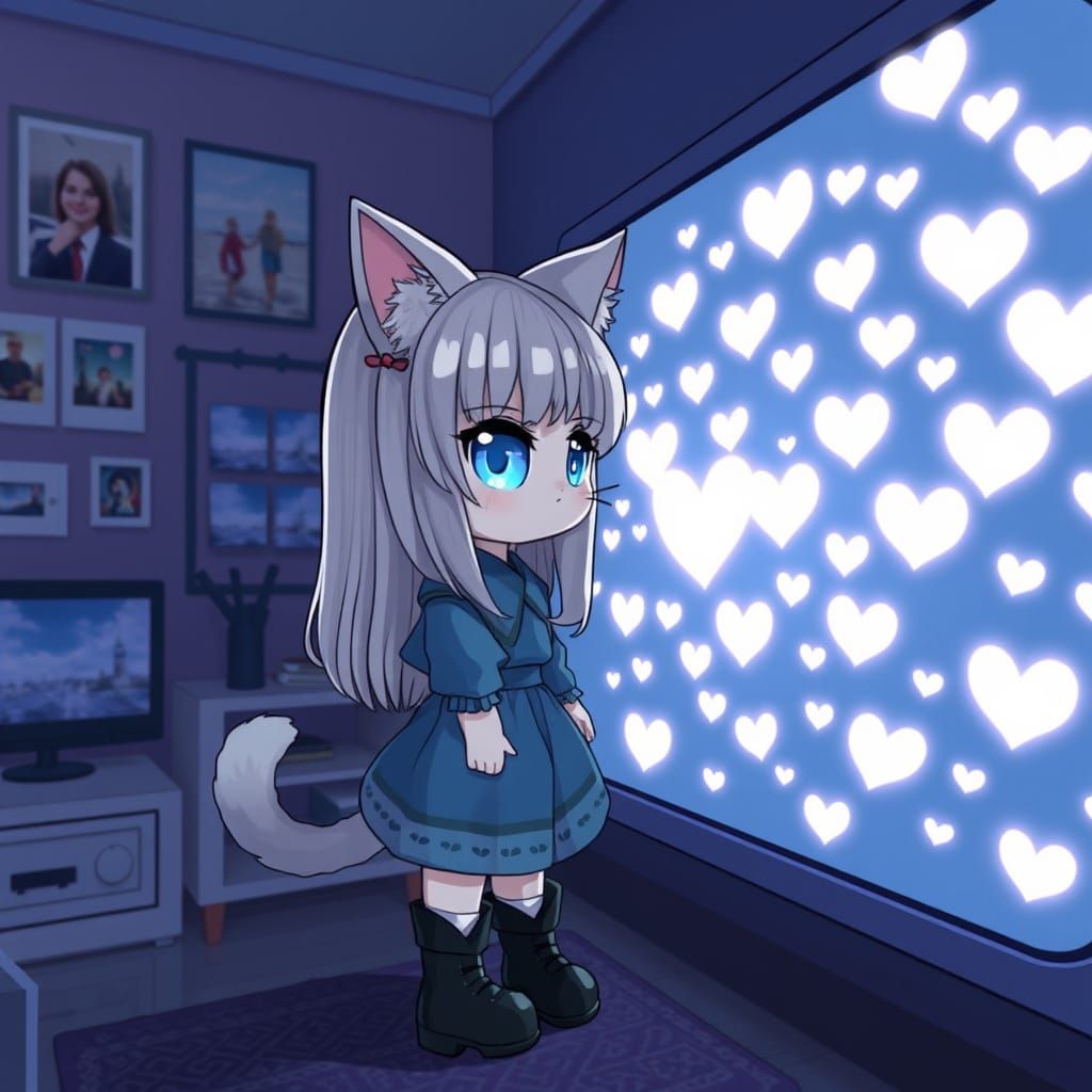 Kawaii Catgirl Surrounded by Hearts in Synthwave Room