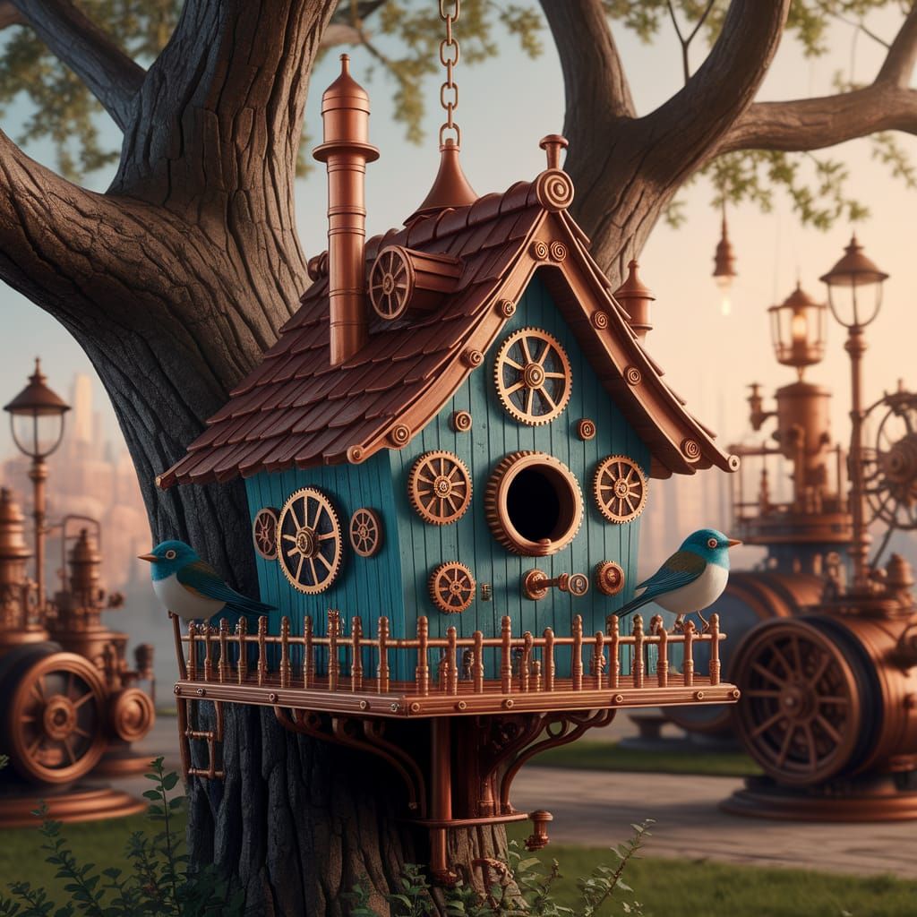 Vibrant Steampunk Birdhouse in Ancient Tree
