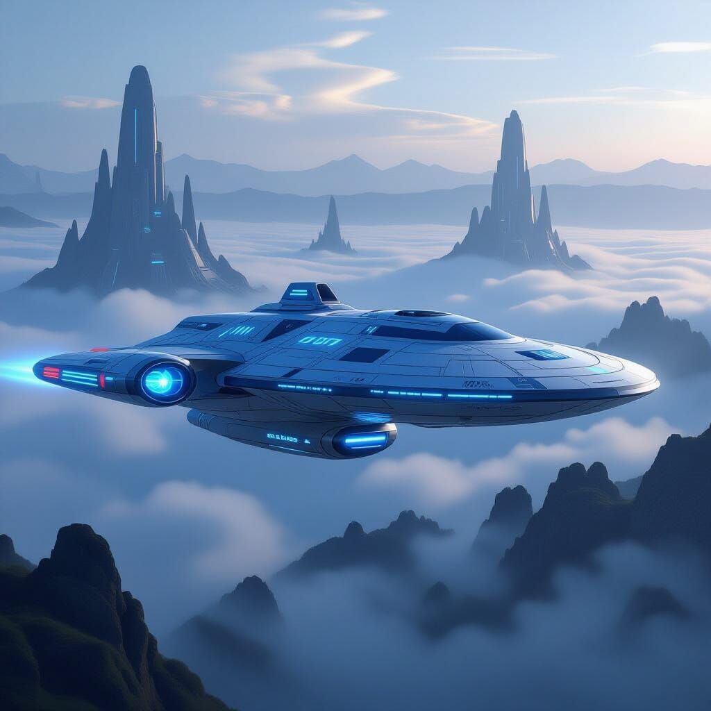 Futuristic Starship USS Budapest Soaring Over Alien World