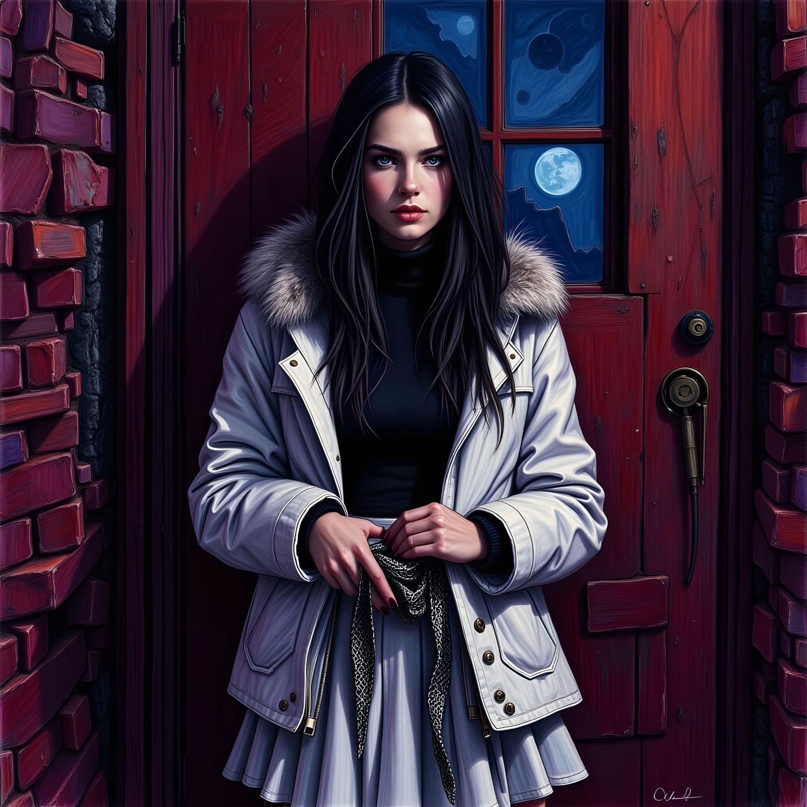 Mysterious Woman in Night Scene, Film Noir Style