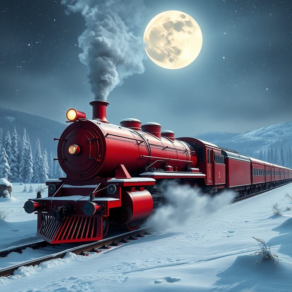 Magical Crimson Steam Locomotive in Winter Wonderland