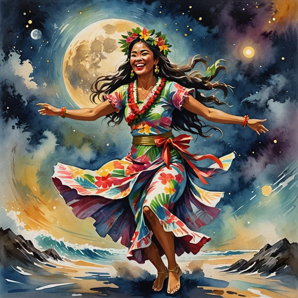 Hawaiian Hula Dancer on the Moon as Gouache Painting
