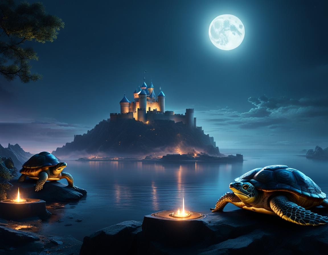 Moonlit Turtles Defend Fortress Island, Art Deco Style