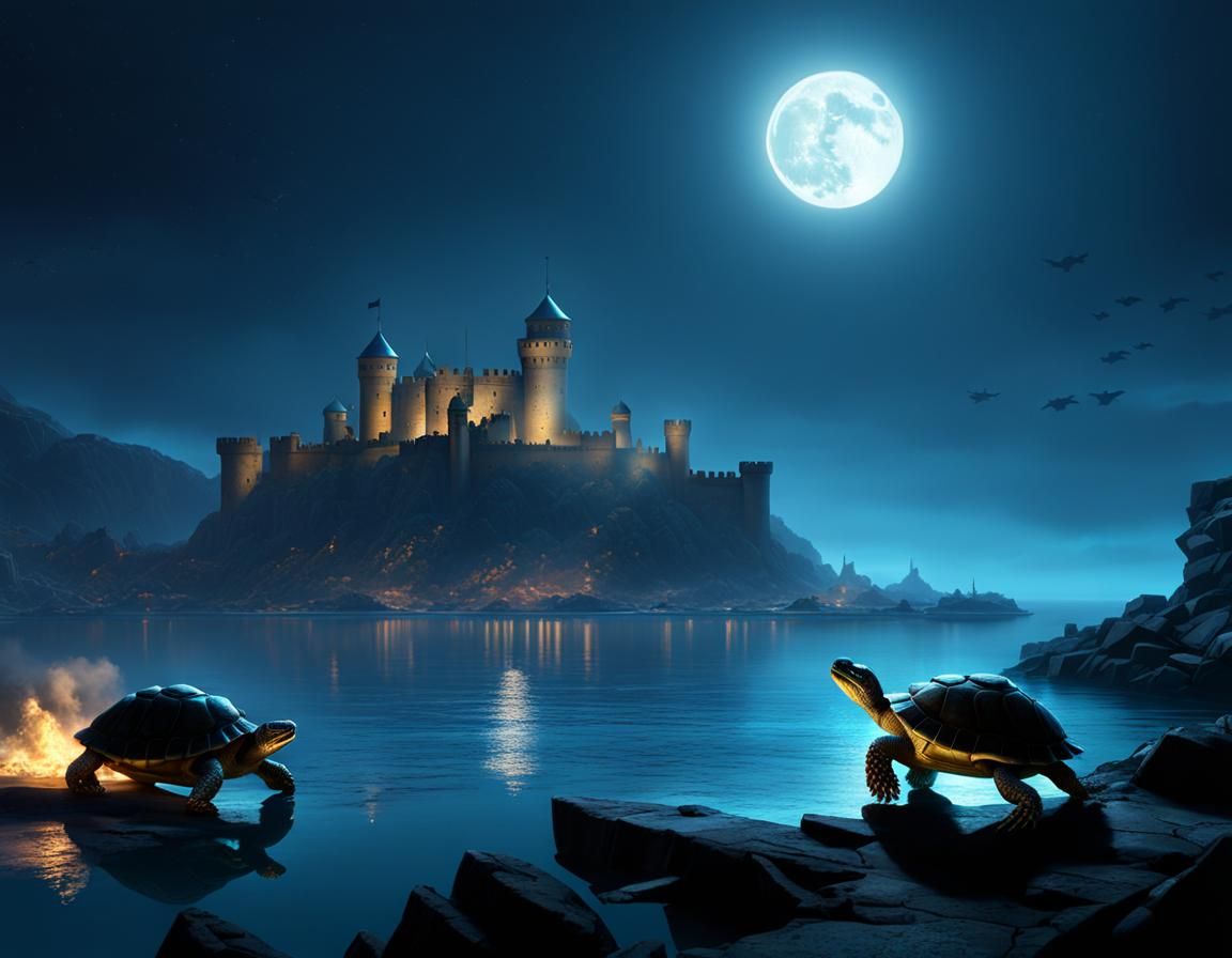 Moonlit Turtles Guarding Fortress, Art Deco Style