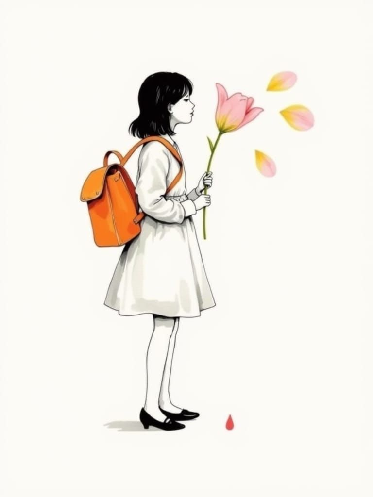 Surreal Artwork of Girl with Pink Tulip Blooming from Backpa...