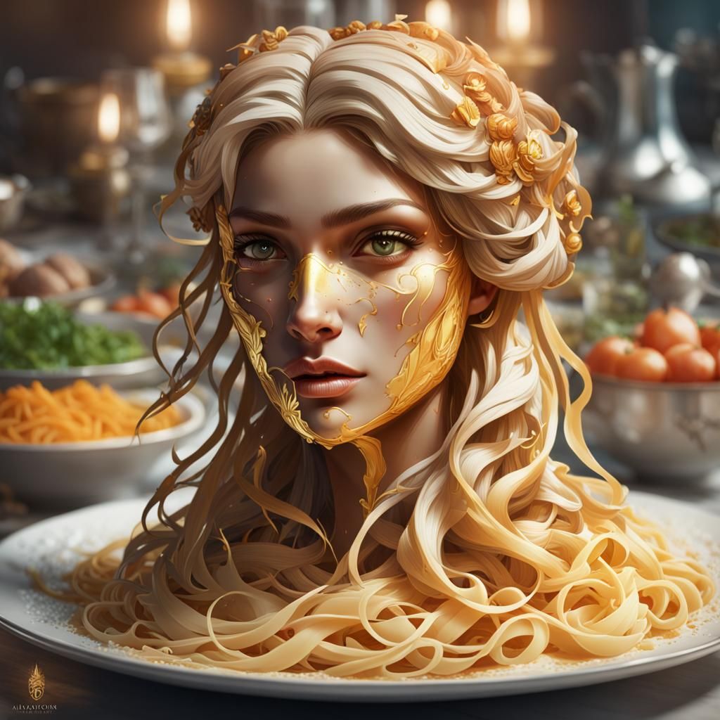 Hyperdetailed Pasta Portrait in Art Nouveau Style