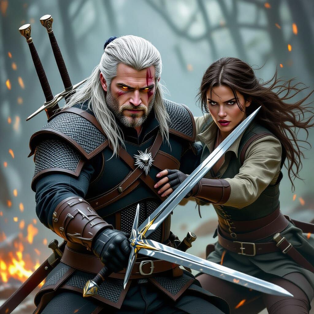 Geralt of Rivia Battles Renfri in Dark Fantasy Style