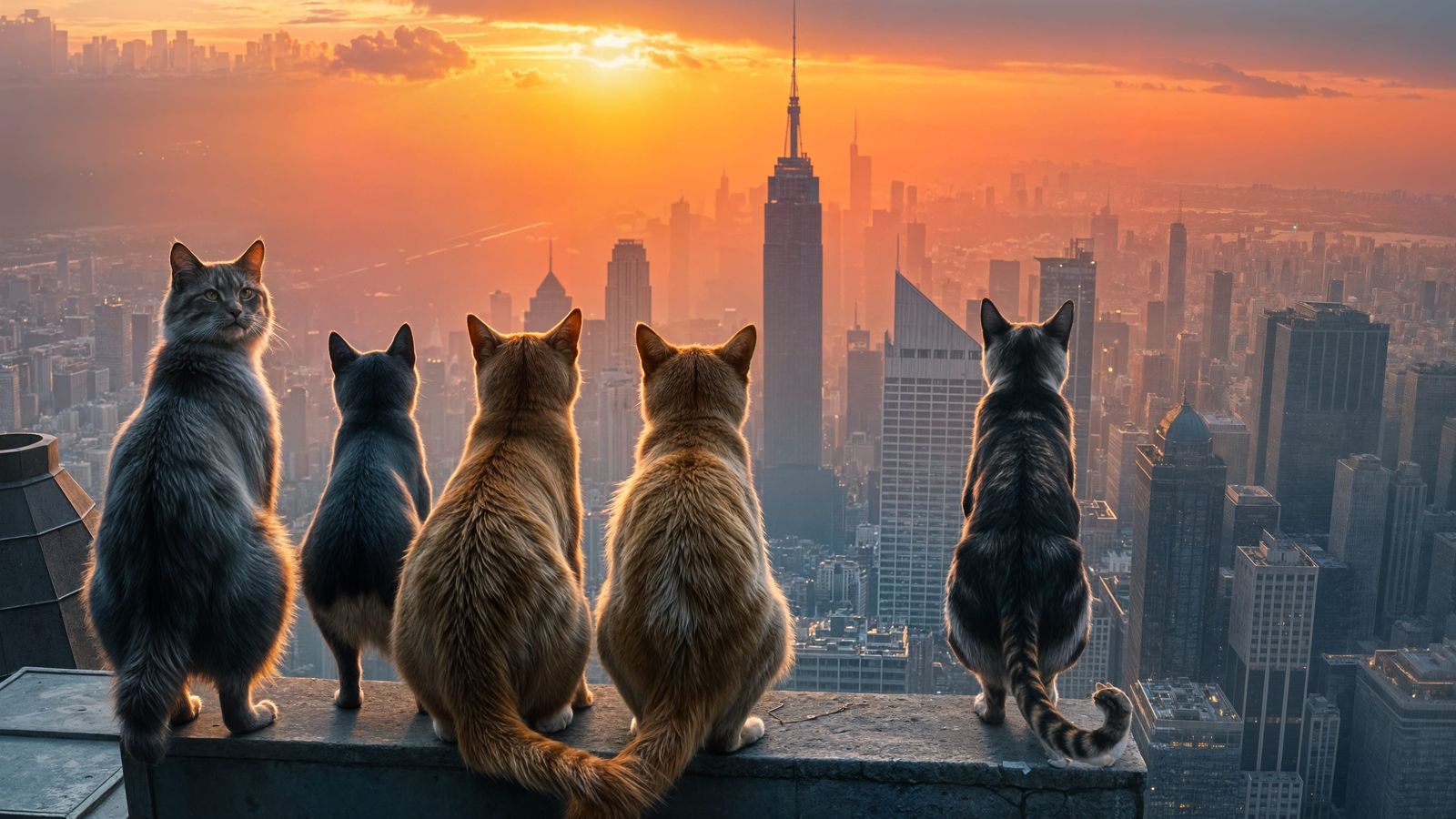 Four Feline Friends Gaze Out Over a Bustling City at Dawn