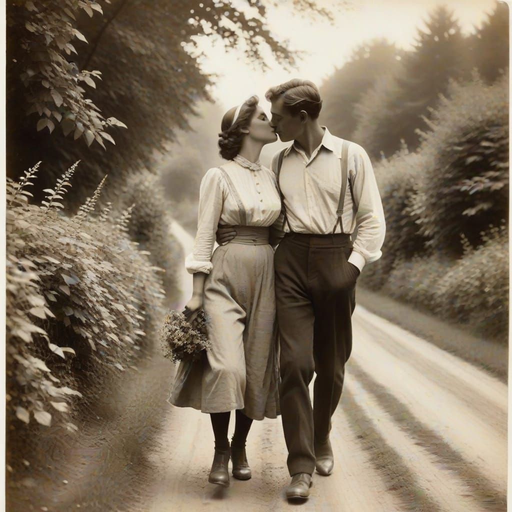 Vintage Photo of Couple Kissing in Country Lane
