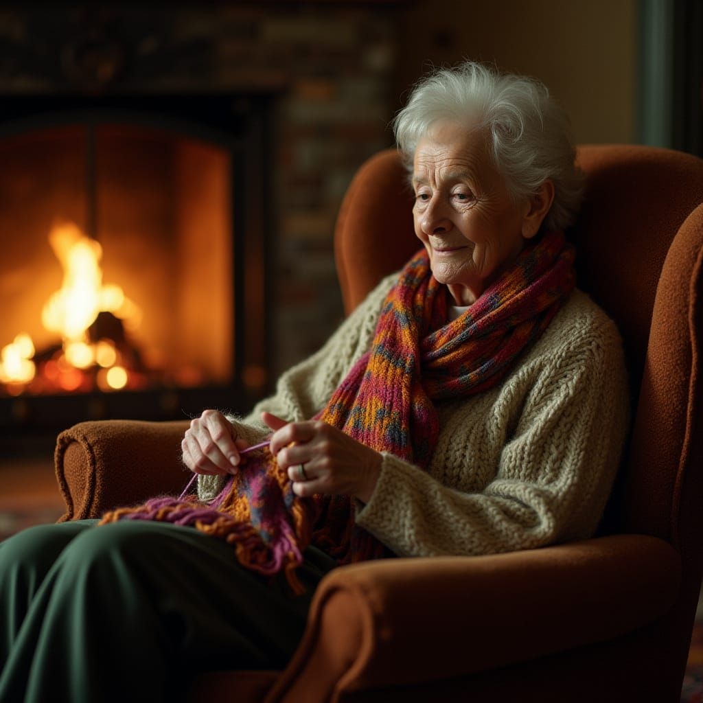 Elderly Woman Knitting by Fireplace: Cinematic Film Still