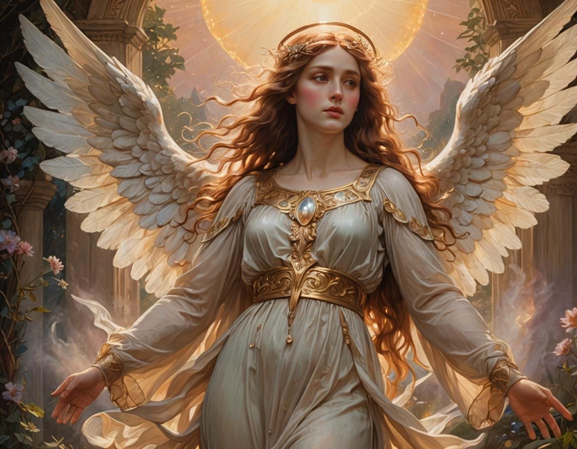 Angelic Figure in Pre-Raphaelite Style Illustration
