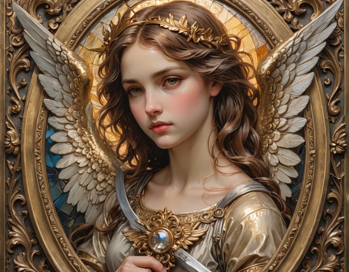 Victorian Angel With Sword in Pre-Raphaelite Style