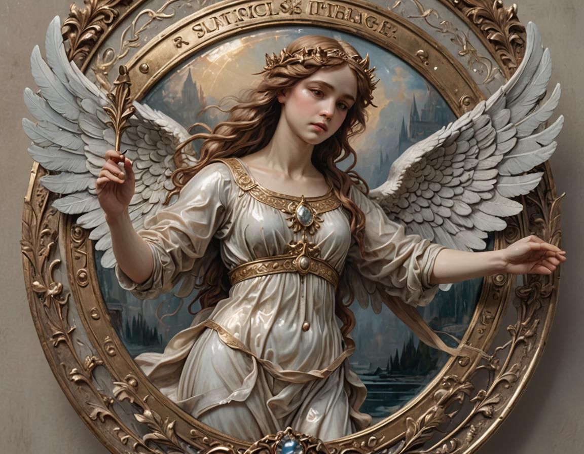 Pre-Raphaelite Angel on Badge in Ethereal Light