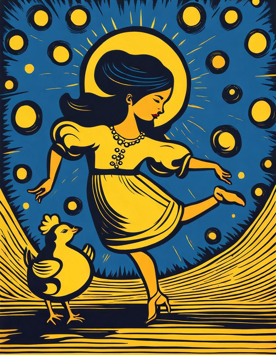 Woman Dancing with Chick: Vibrant Woodcut Print