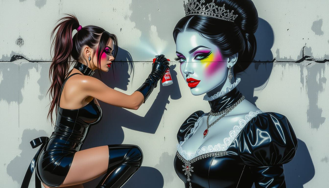 Artist Spray-Painting Herself on Concrete Wall in Photoreali...