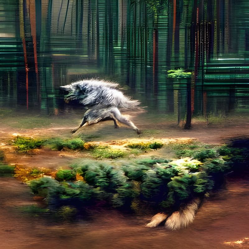 Wolf Running Through Forest Scene