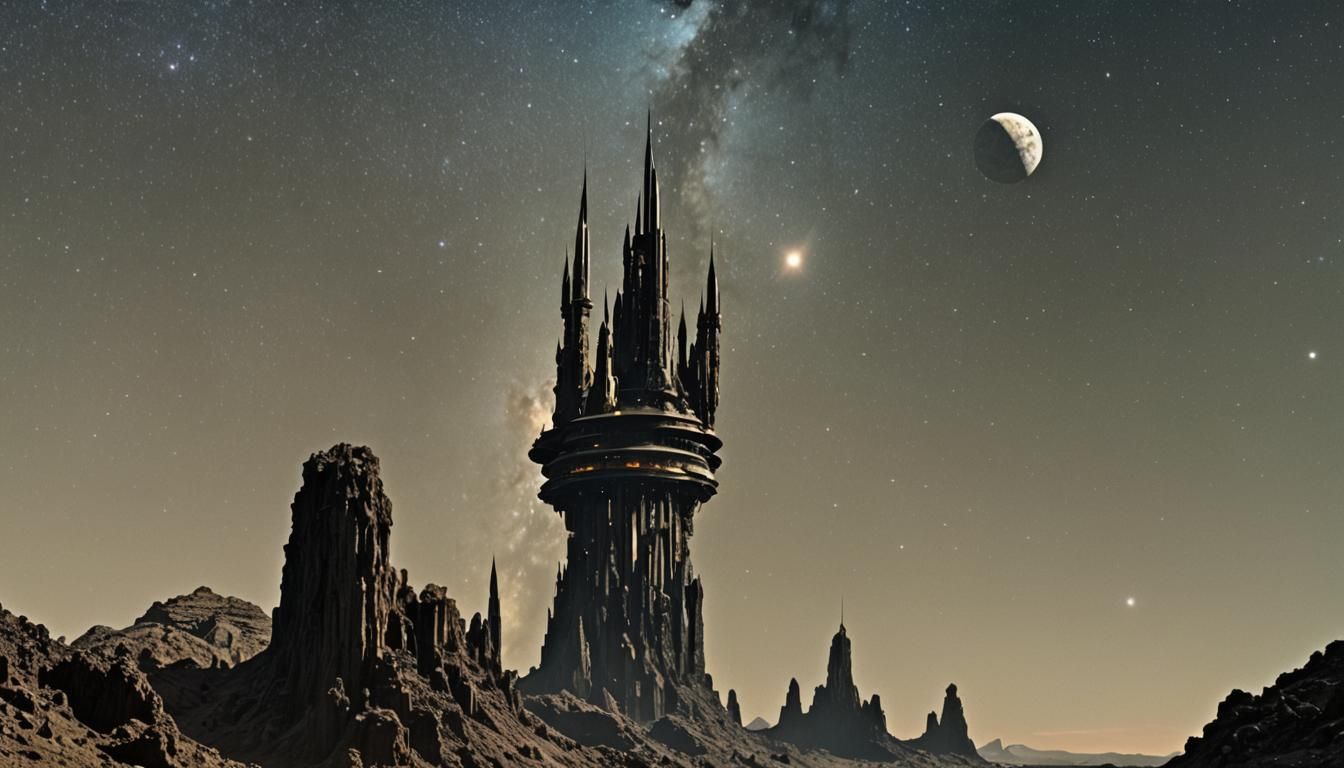 Black Castle Floating in Asteroid Field of Saturn's Ring in ...