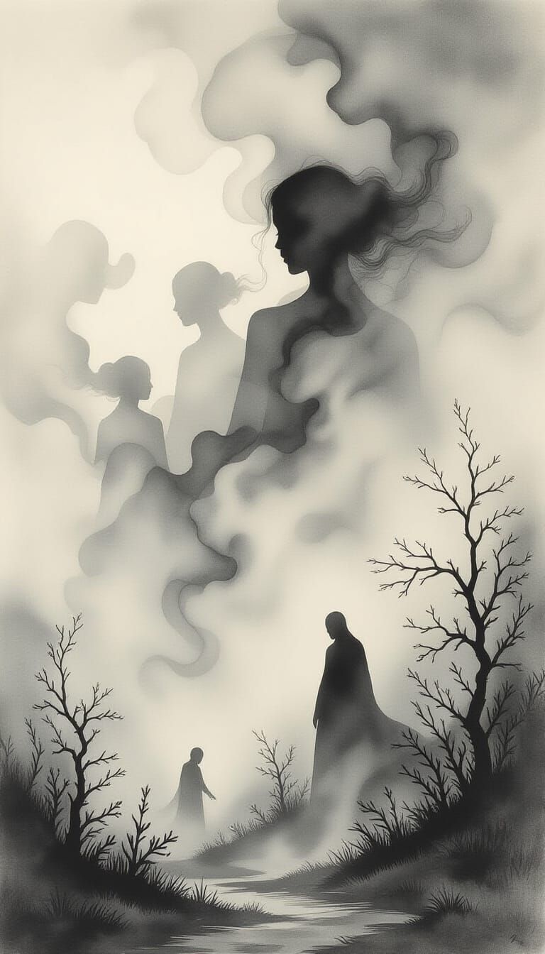 Blurred Forest Path in Grayscale Sketch Style