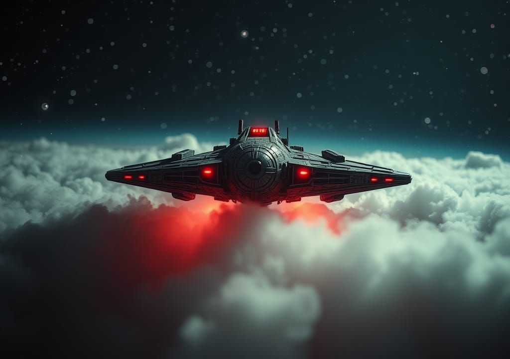Retro Sci-Fi Spaceship Pierces Alien Cloud Cover