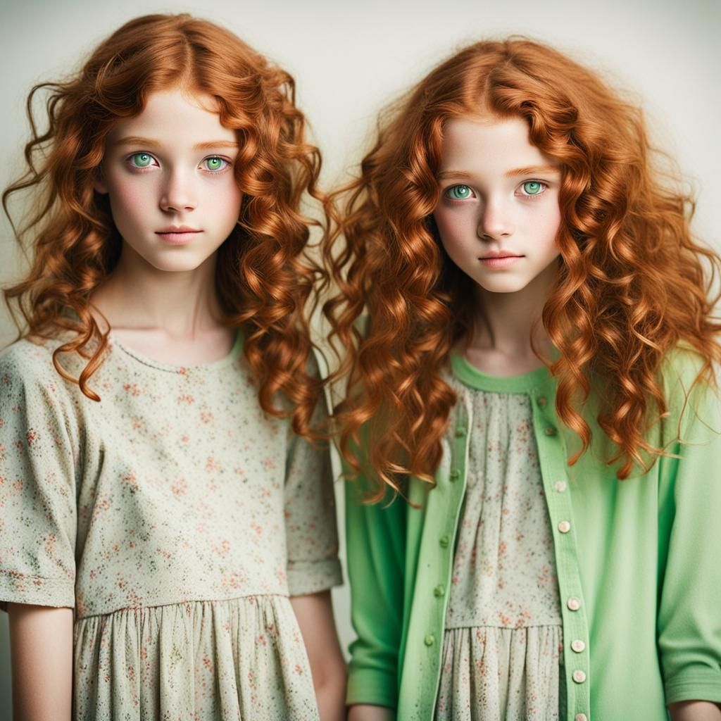 Red-Haired Twin Girls with Freckles and Green Eyes