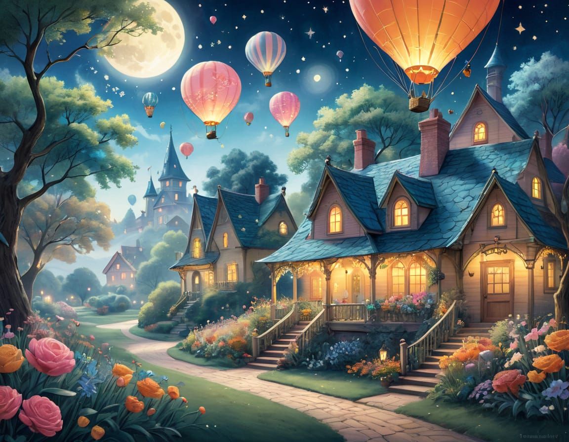 Whimsical Colored Pencil Landscape with Hot Air Balloons and...