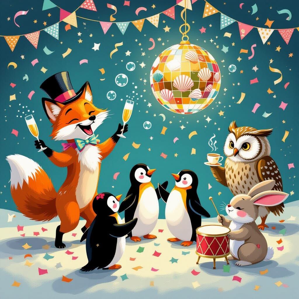 Whimsical Animal New Year's Eve Party Illustration
