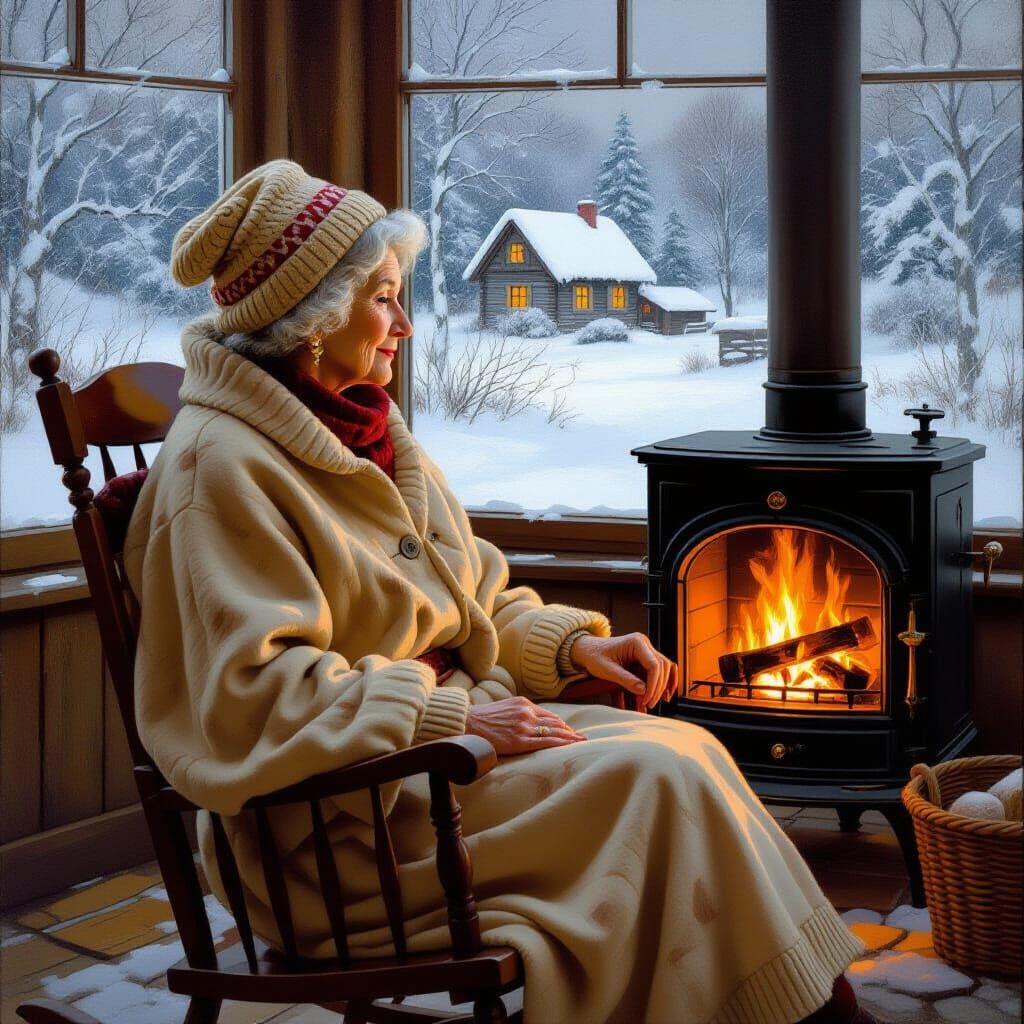 Cozy Old Woman by Fireplace in Classical Style