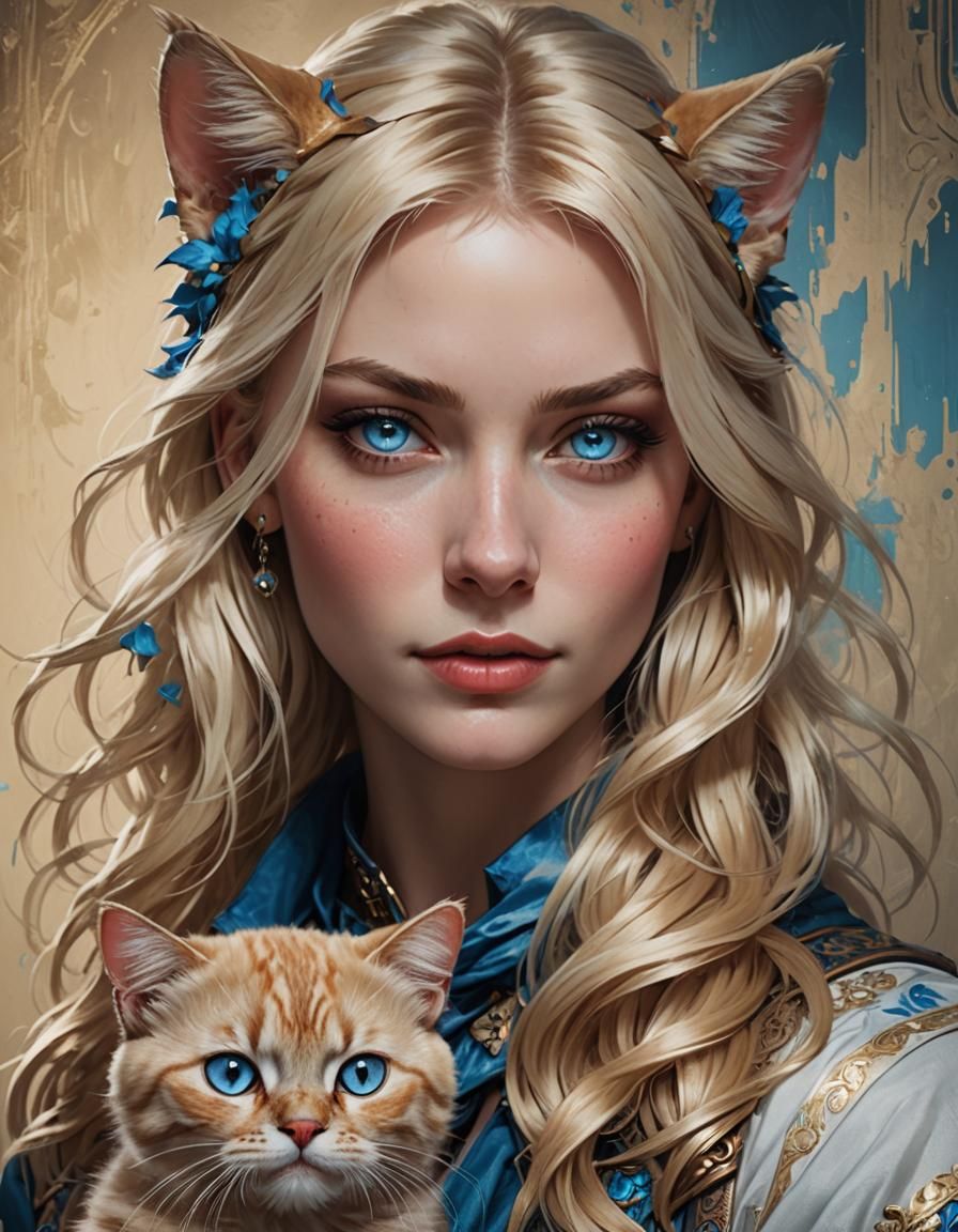 Blonde Woman with Cat: Hyperdetailed Portrait in Unreal Engi...