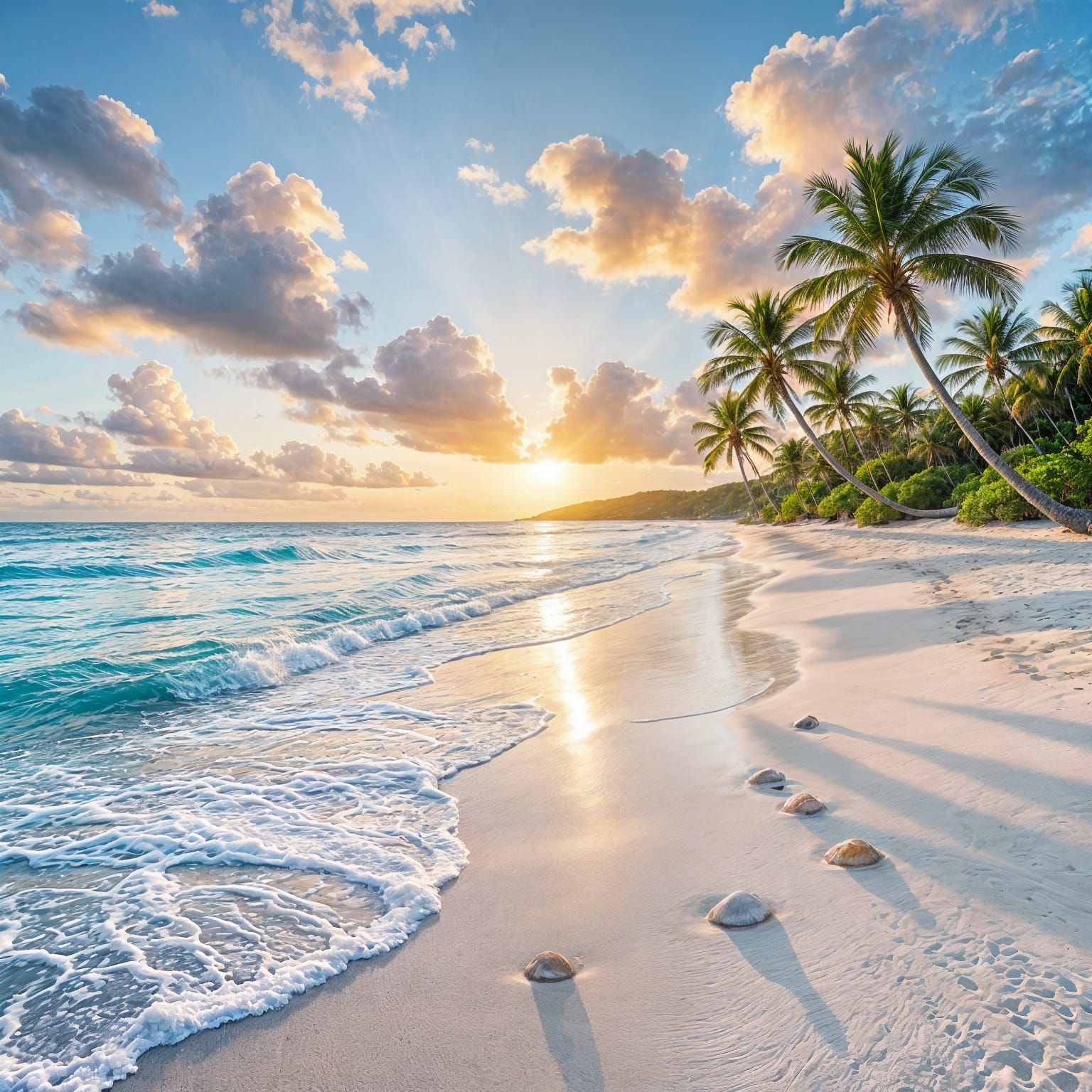 Dreamlike Beach at Golden Hour with Pastel Sky