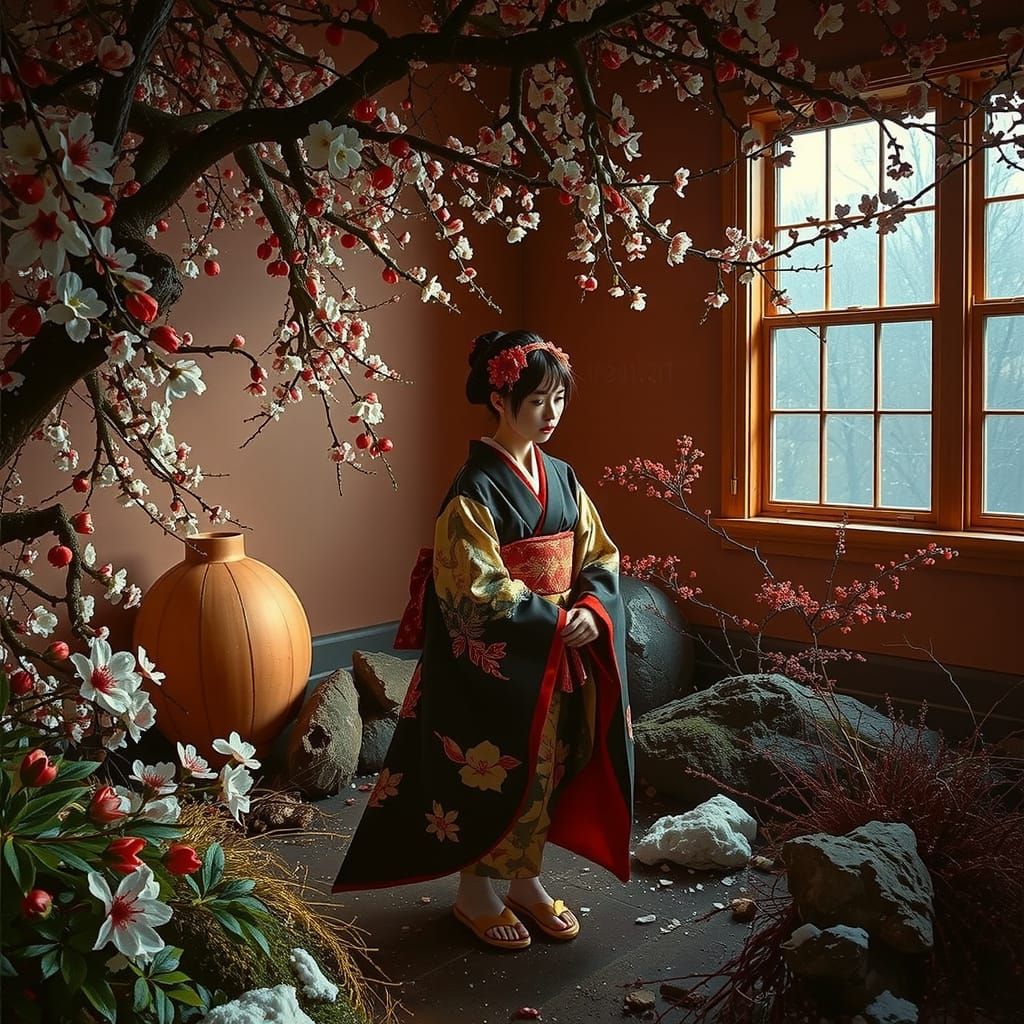 Sad Geisha Girl in Red Kimono Under Cherry Blossoms