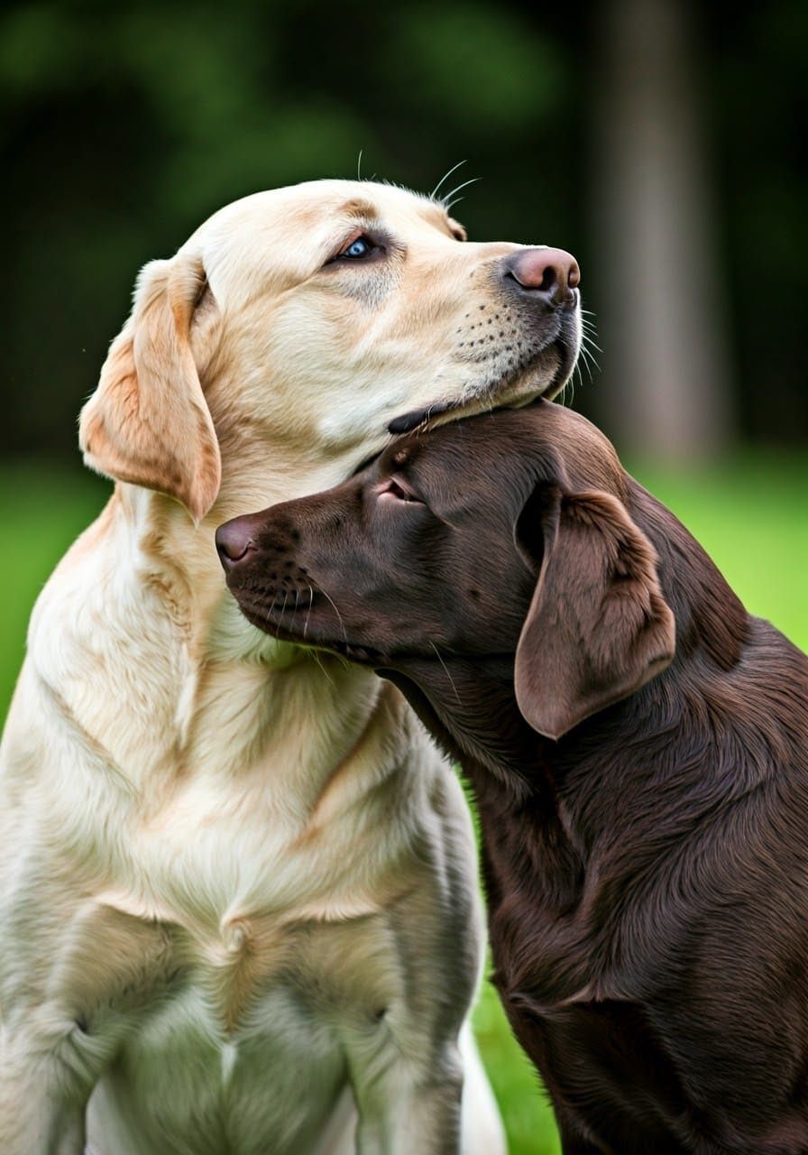 Golden Lab Hugging Chocolate Lab Outdoors