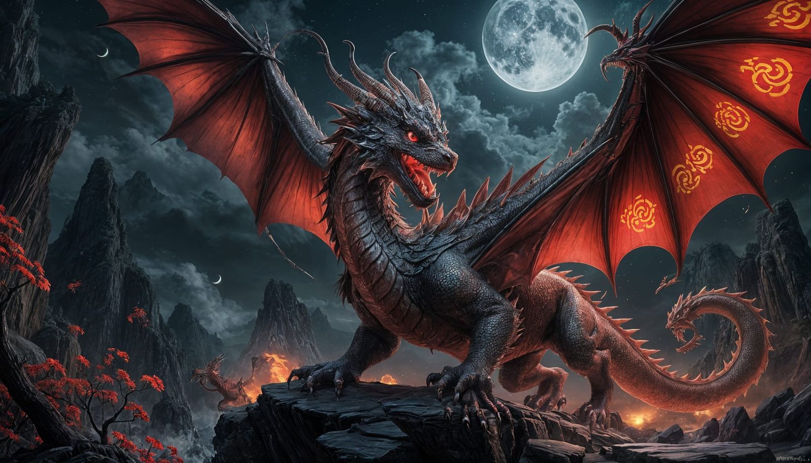 Ethereal Red Dragon Soars in Lunar Splendor
