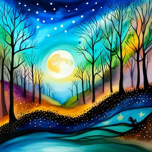 Enchanted Forest: Moonlit River in Watercolor Style