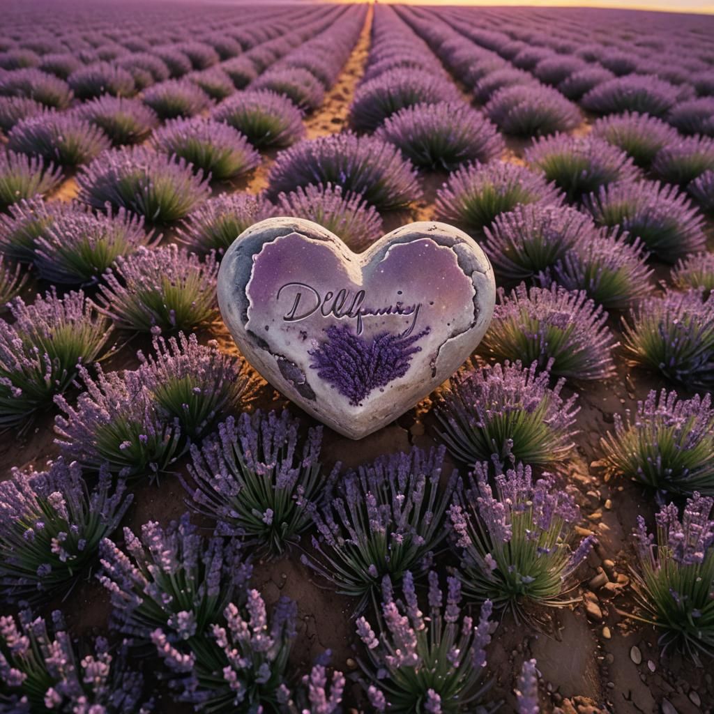 Heart-Shaped Stone in Lavender Field, Cinematic Style