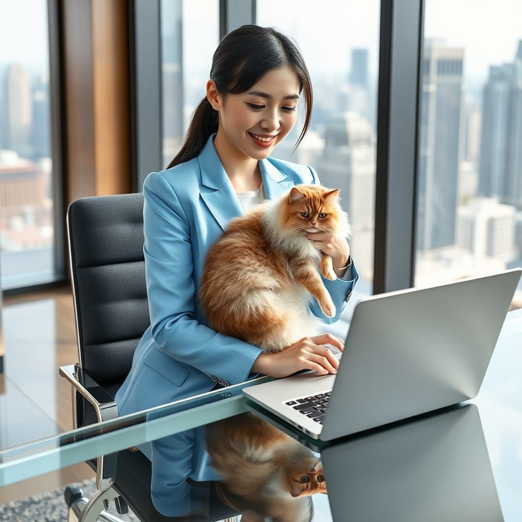 Korean Businesswoman with Persian Cat in Modern Office