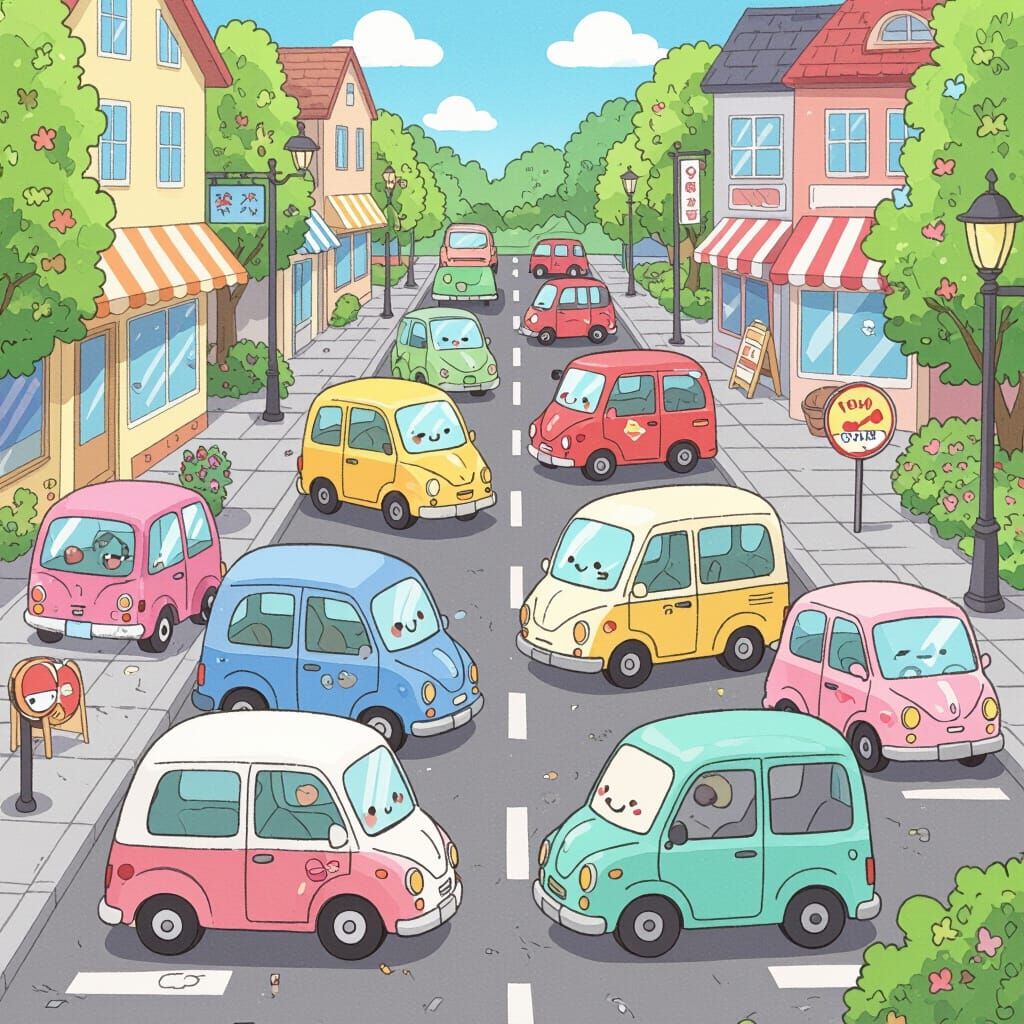 Kawaii Town Street with Smiling Cartoon Vehicles