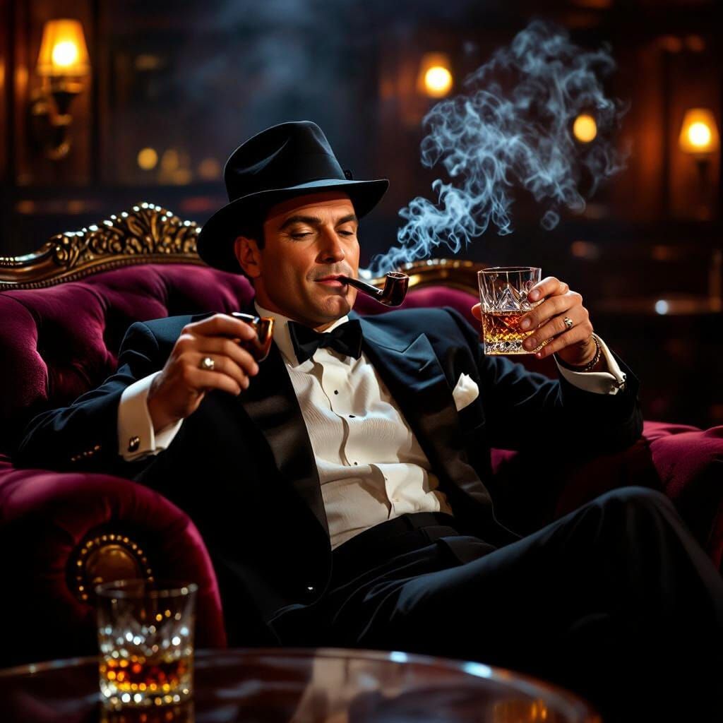 Frank Sinatra Relaxing in Speakeasy, Smoking Pipe