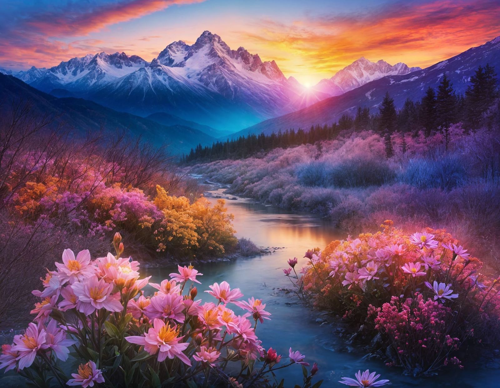 Winter Sunset Over Mountain Range With Pastel Flowers