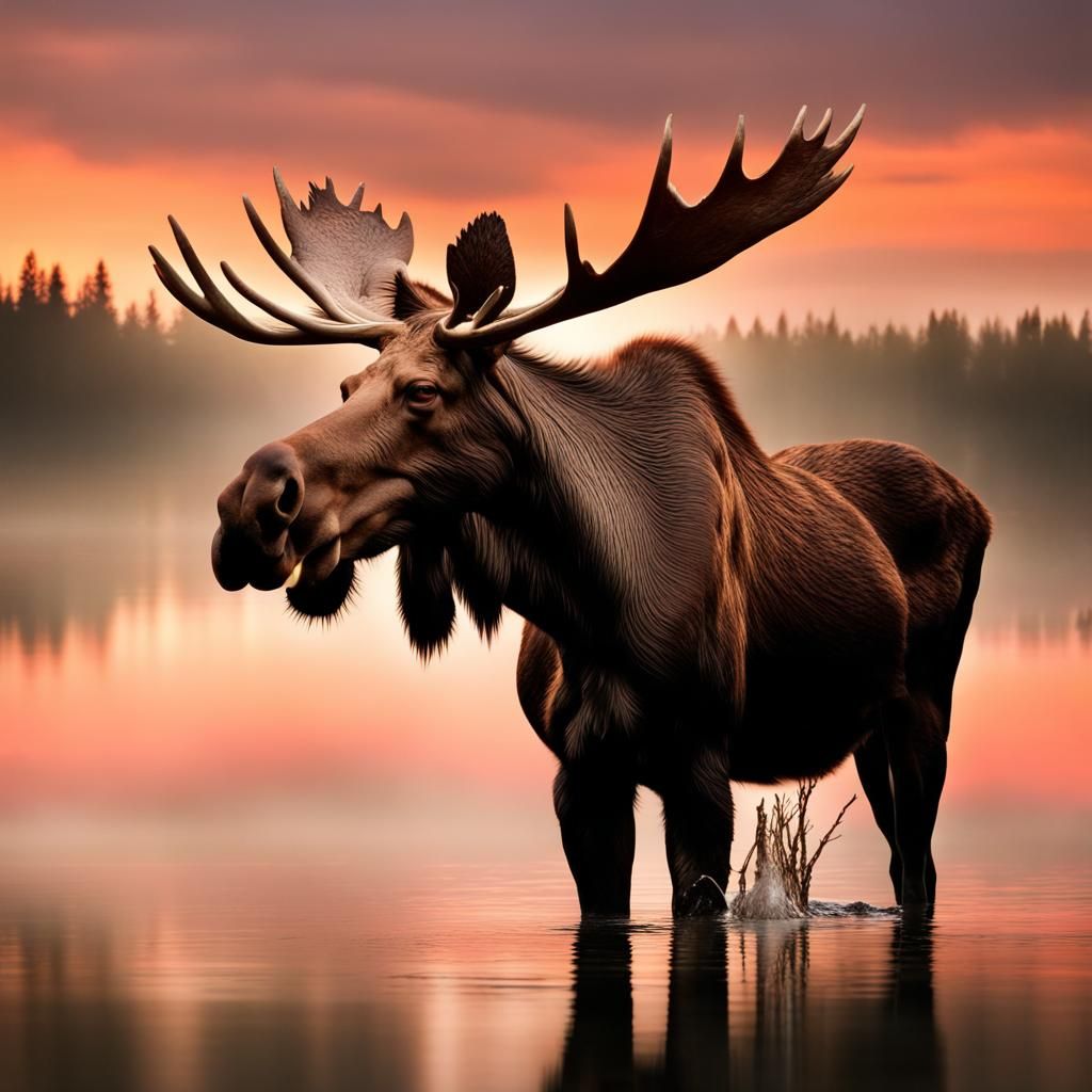 Moose Drinking at Sunset in High Resolution