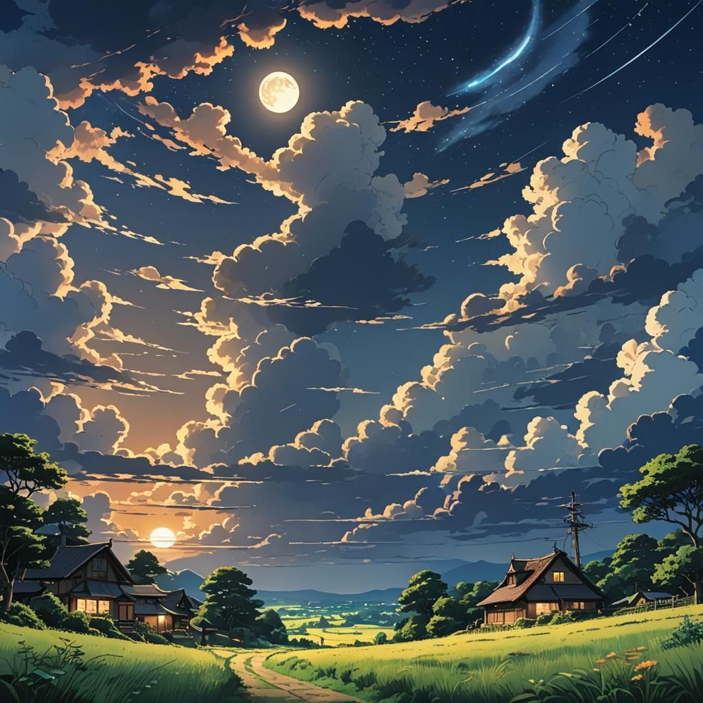 Ghibli-Style Countryside at Night: Anime Key Visual