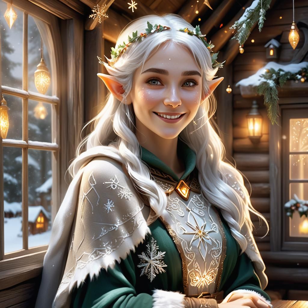 Ethereal Elf Portrait in Cozy Christmas Cabin