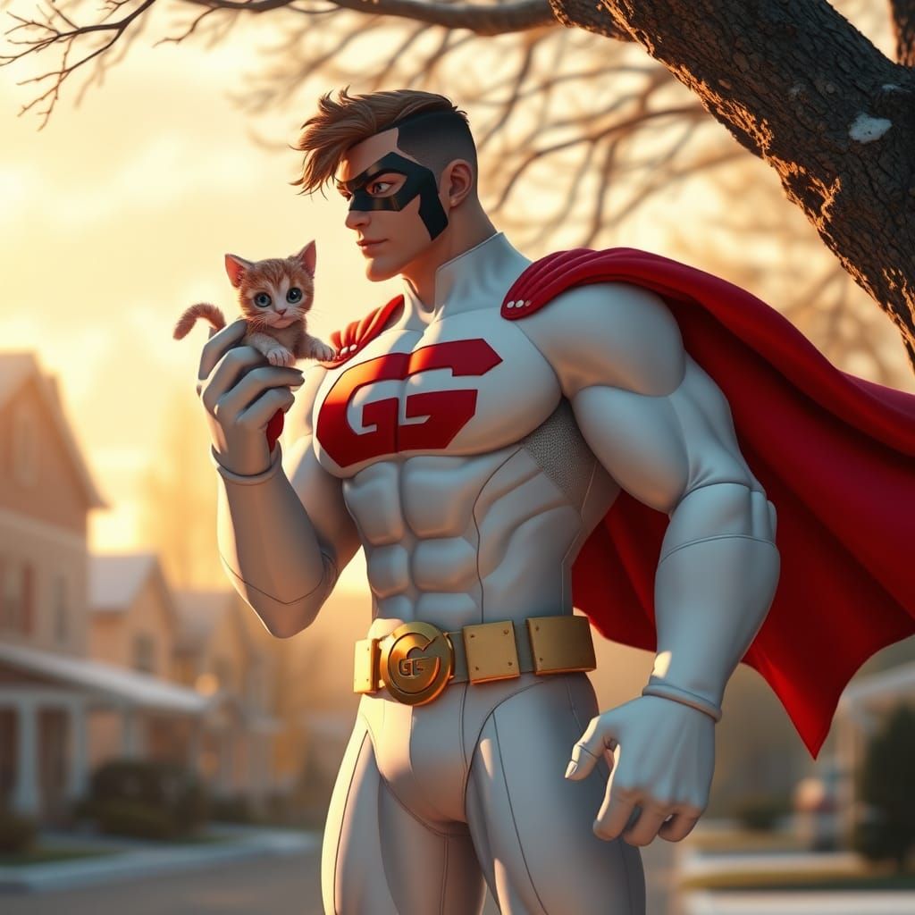Cartoon Superhero Rescues Cat in Golden Hour Light