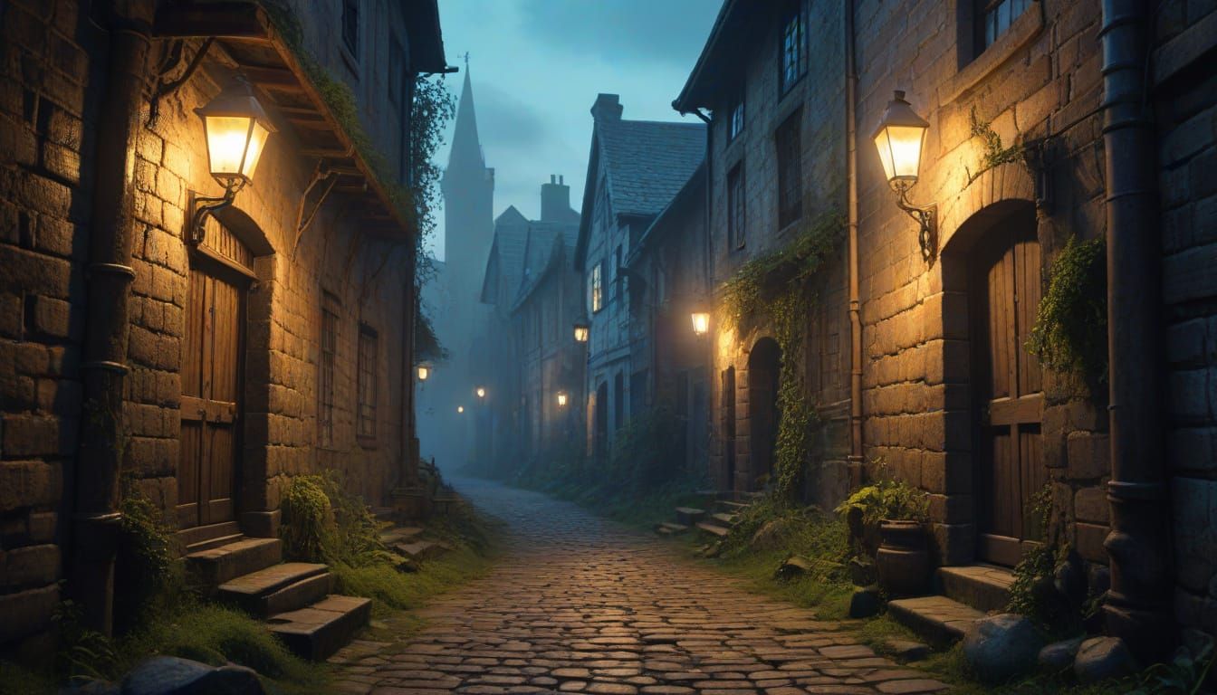 Gothic Alleyway at Dusk Digital Painting