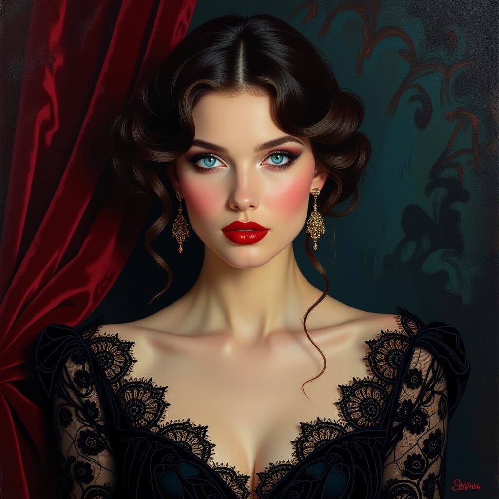 Lace and Velvet: A Portrait in Art Nouveau Style