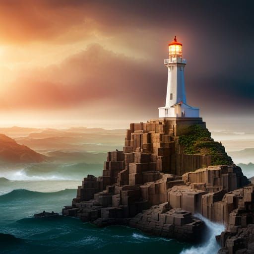 Epic Lighthouse on Cliff in Stormy Sea