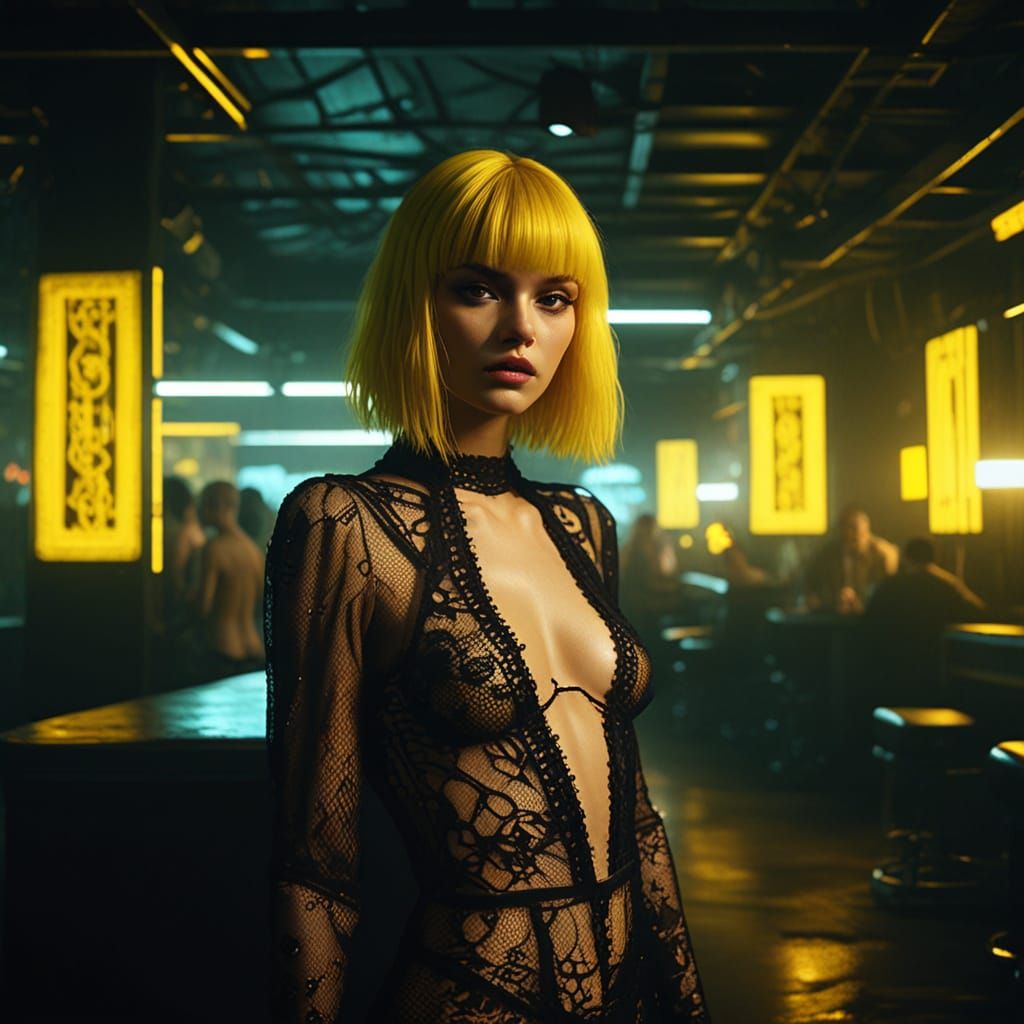 Cyberpunk Nightclub Film Still With Yellow Tones