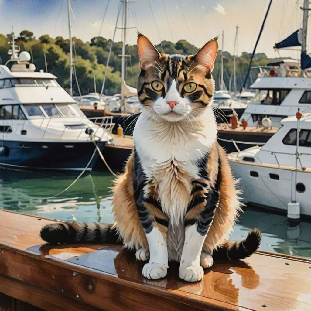 Wharfside Yacht Scene with Feline Companion