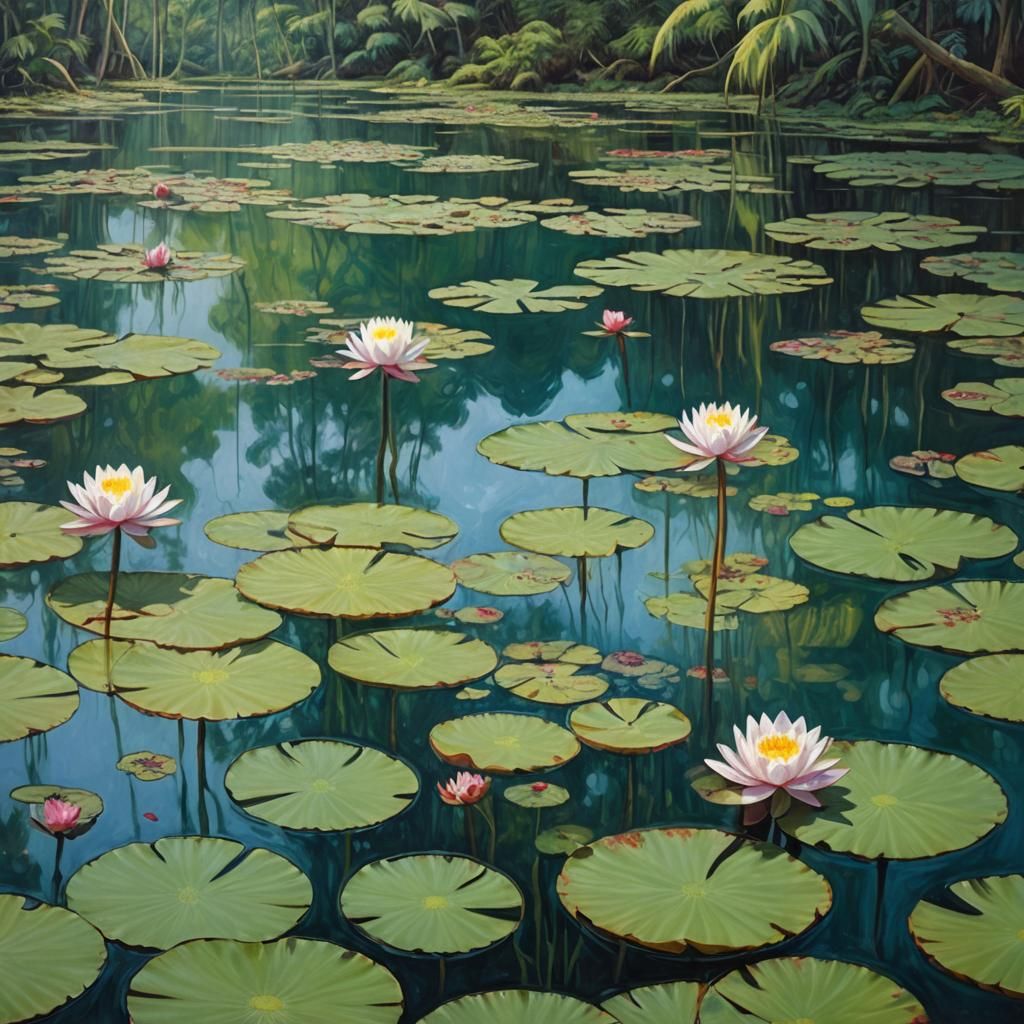 Submerged Water Lily World as Oil Painting