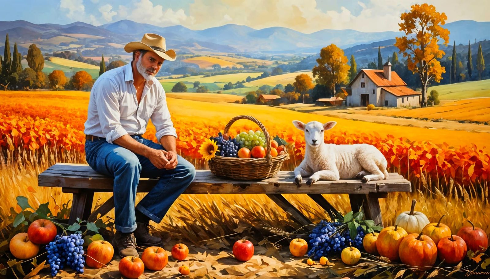 Farmer on Throne with Cornucopia in Golden Meadow